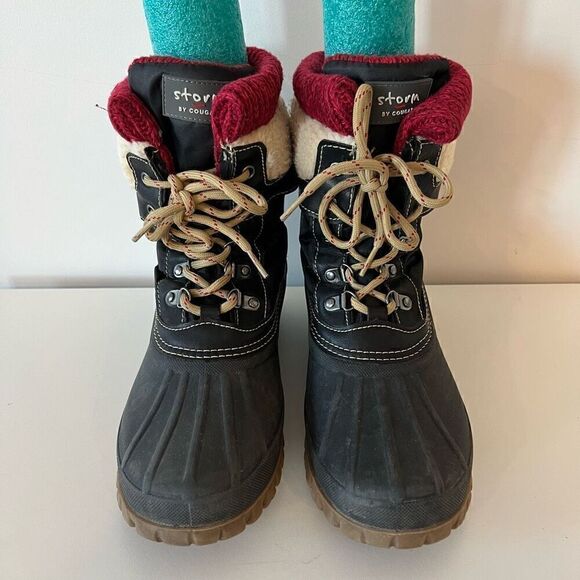 Storm by Cougar Creek Boots Womens Size 10 Black Red Faux Fur Winter Warm Lace U - Picture 5 of 7